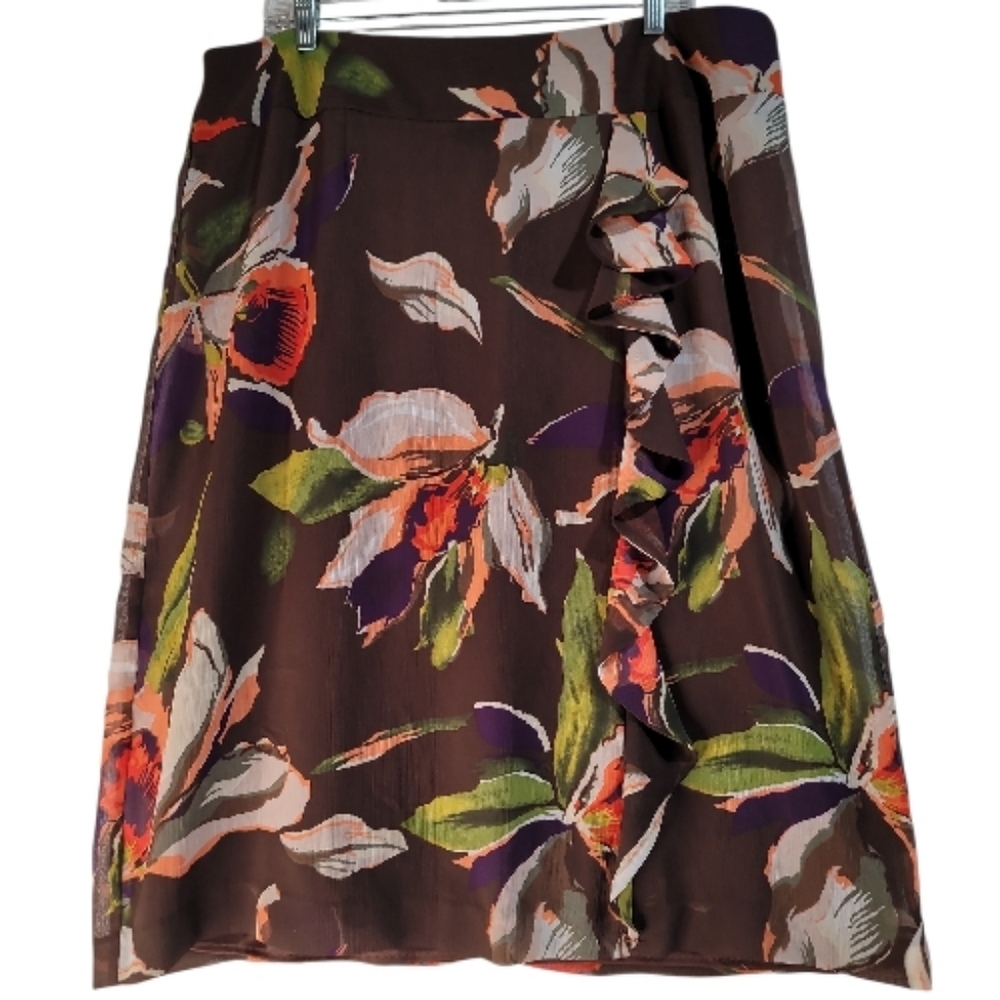 Cato Skirt Floral Brown with Ruffle Detail Preppy Office Billowy